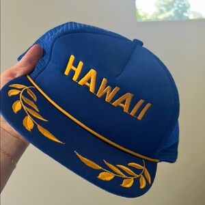 Vintage Hawaii Blue and Gold leaf trucker hat, snap back, one size